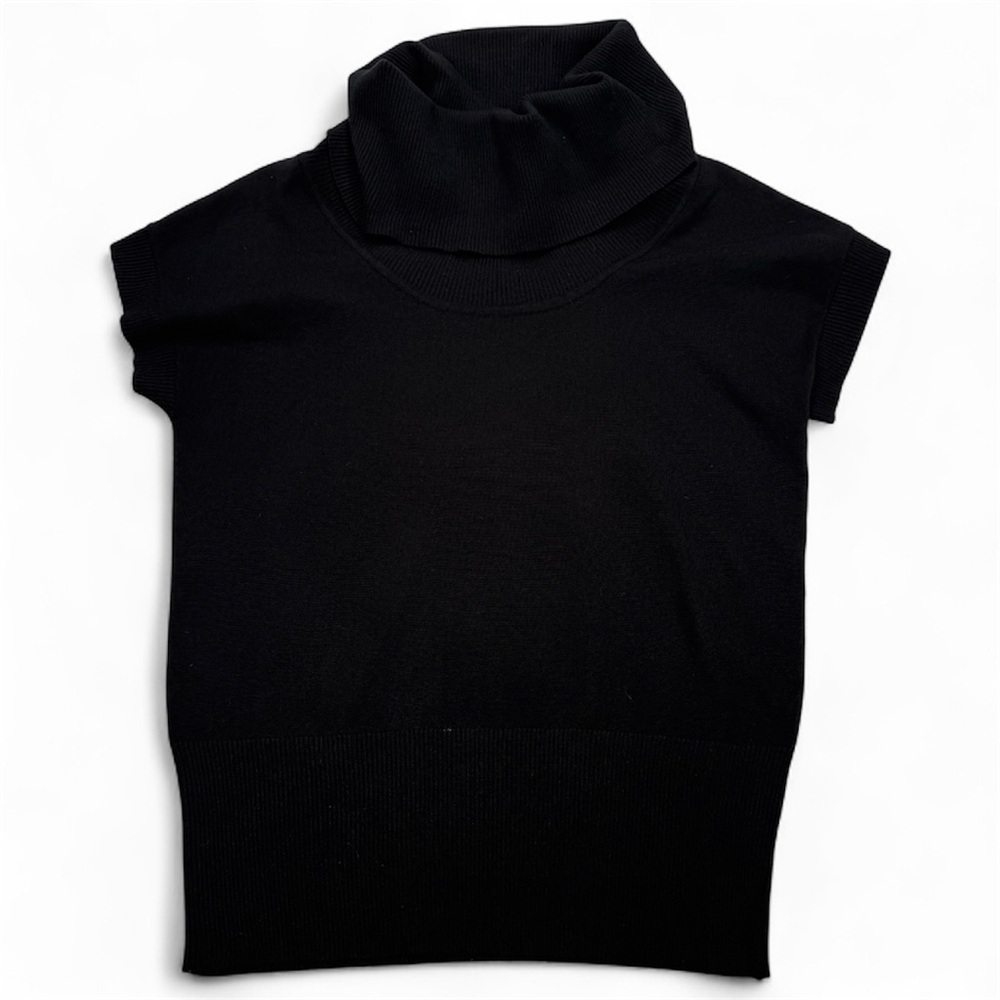 Black knit cowlneck shortsleeve Sweater Wmn Sz Lg, from Grace, wide banded hem
